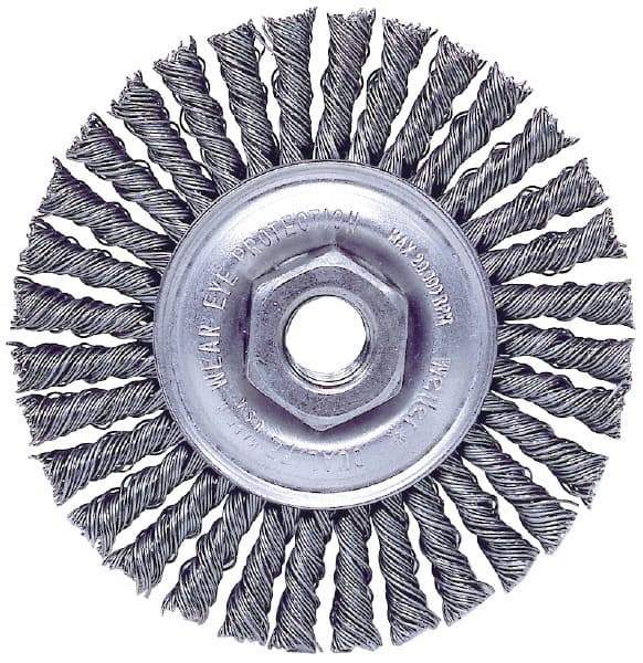 Weiler - 4" OD, M10x1.50 Arbor Hole, Knotted Stainless Steel Wheel Brush - 3/16" Face Width, 7/8" Trim Length, 0.02" Filament Diam, 20,000 RPM - Caliber Tooling