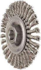 Weiler - 4" OD, 5/8-11 Arbor Hole, Knotted Stainless Steel Wheel Brush - 3/16" Face Width, 7/8" Trim Length, 0.02" Filament Diam, 20,000 RPM - Caliber Tooling