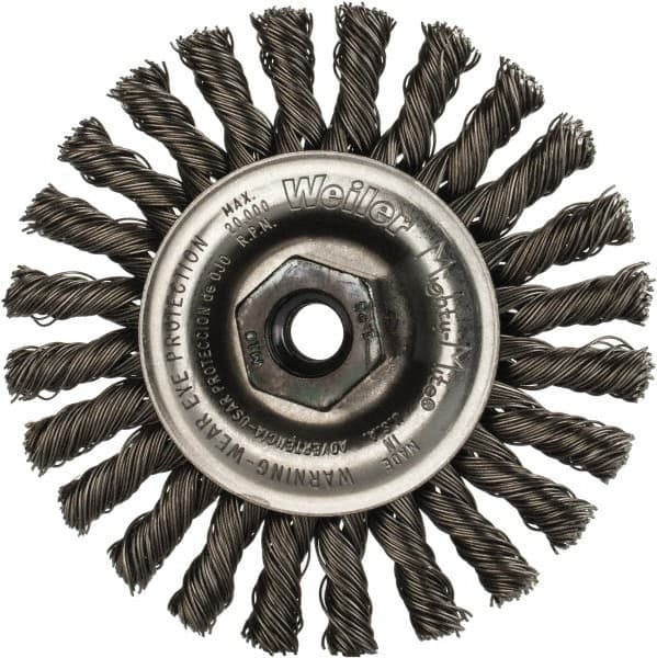 Weiler - 4" OD, M10x1.25 Arbor Hole, Knotted Steel Wheel Brush - 1/4" Face Width, 7/8" Trim Length, 0.02" Filament Diam, 20,000 RPM - Caliber Tooling