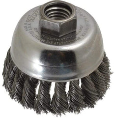 Weiler - 2-3/4" Diam, 5/8-11 Threaded Arbor, Steel Fill Cup Brush - 0.014 Wire Diam, 7/8" Trim Length, 14,000 Max RPM - Caliber Tooling