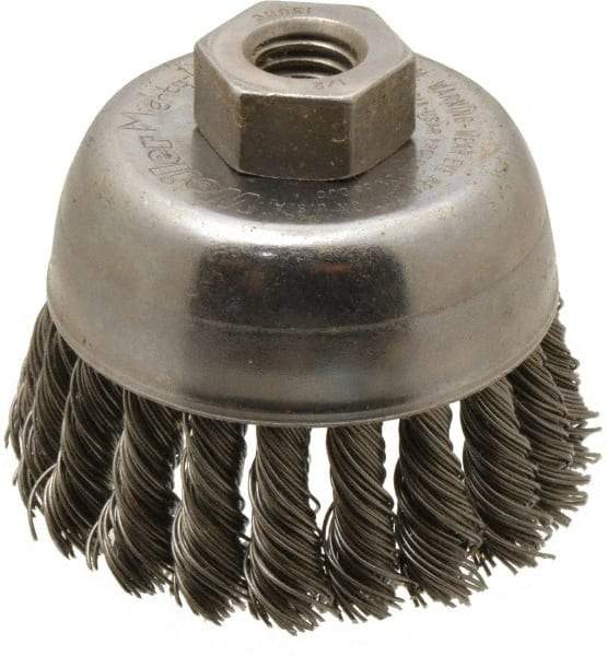 Weiler - 2-3/4" Diam, 1/2-13 Threaded Arbor, Steel Fill Cup Brush - 0.02 Wire Diam, 7/8" Trim Length, 14,000 Max RPM - Caliber Tooling