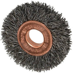 Weiler - 1-1/2" OD, 3/8" Arbor Hole, Crimped Steel Wheel Brush - 1/4" Face Width, 7/16" Trim Length, 0.0104" Filament Diam, 20,000 RPM - Caliber Tooling