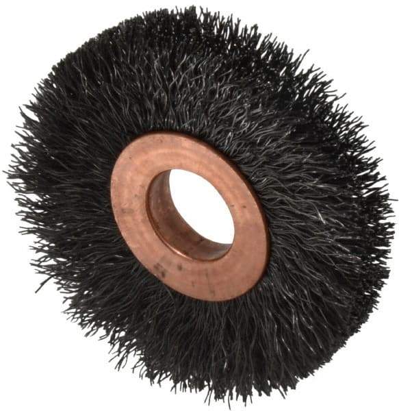 Weiler - 2" OD, 1/2" Arbor Hole, Crimped Steel Wheel Brush - 3/8" Face Width, 1/2" Trim Length, 0.008" Filament Diam, 20,000 RPM - Caliber Tooling