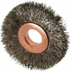 Weiler - 2" OD, 1/2" Arbor Hole, Crimped Stainless Steel Wheel Brush - 3/8" Face Width, 1/2" Trim Length, 0.0104" Filament Diam, 20,000 RPM - Caliber Tooling