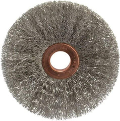 Weiler - 3" OD, 1/2" Arbor Hole, Crimped Stainless Steel Wheel Brush - 5/8" Face Width, 1" Trim Length, 0.006" Filament Diam, 20,000 RPM - Caliber Tooling