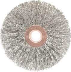 Weiler - 3" OD, 1/2" Arbor Hole, Crimped Stainless Steel Wheel Brush - 5/8" Face Width, 1" Trim Length, 0.0118" Filament Diam, 20,000 RPM - Caliber Tooling