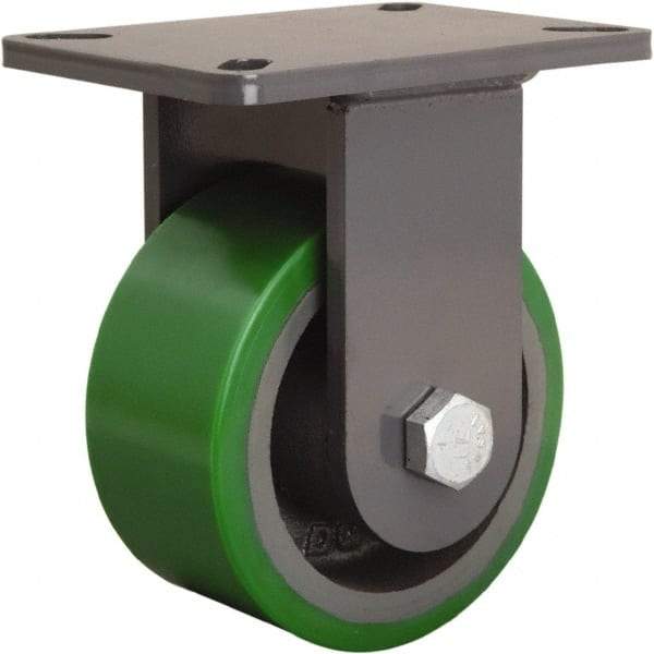 Hamilton - 6" Diam x 3" Wide x 8" OAH Top Plate Mount Rigid Caster - Polyurethane Mold onto Cast Iron Center, 2,200 Lb Capacity, Tapered Roller Bearing, 5-1/4 x 7-1/4" Plate - Caliber Tooling