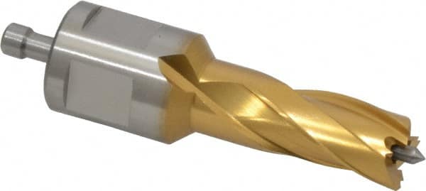 Annular Cutter: 1/2″ Dia, 1″ Depth of Cut, High Speed Steel 3/4″ Shank Dia, Weldon Flat Shank, 2 Flats, TiN Finish