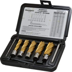 Hougen - 9 Piece, 9/16 to 1-1/16" Cutter Diam, 2" Cutting Depth, High Speed Steel Annular Cutter Set - TiN Finish, 3/4" Shank Diam, 9/16, 11/16, 13/16, 15/16, 1-1/16" Cutter Diams, 2 Flats on Shank - Caliber Tooling