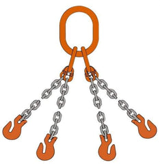 Pewag - 5' Long, 18,400 Lb Basket Capacity, 18,400 Lb Vertical Capacity, Alloy Steel Web Sling - QOS Chain Sling, 3/8" Diam Chain, Silver (Color), with 4 Sling Hooks & Master Link - Caliber Tooling