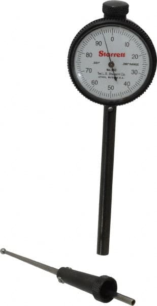 Starrett - 0.2 Inch Range, 0.001 Inch Dial Graduation, Dial Test Indicator - 1-11/16 Inch White Dial, 0-100 Dial Reading - Caliber Tooling