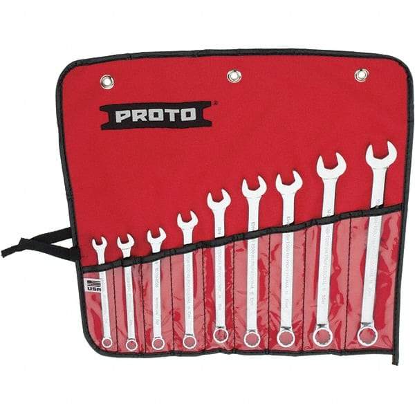 Proto - 9 Piece, 7mm to 15mm, 12 Point Combination Wrench Set - Metric Measurement Standard, Full Polish Finish, Comes in Vinyl Roll - Caliber Tooling