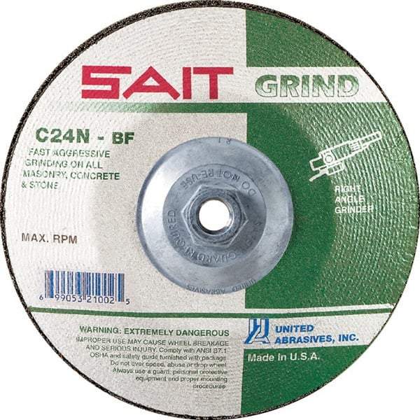 Sait - 24 Grit, 5" Wheel Diam, 1/4" Wheel Thickness, Type 27 Depressed Center Wheel - Silicon Carbide, Resinoid Bond, N Hardness, 12,200 Max RPM, Compatible with Angle Grinder - Caliber Tooling