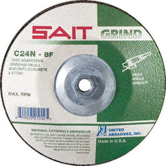 Sait - 24 Grit, 9" Wheel Diam, 1/4" Wheel Thickness, Type 27 Depressed Center Wheel - Silicon Carbide, Resinoid Bond, N Hardness, 6,600 Max RPM, Compatible with Angle Grinder - Caliber Tooling