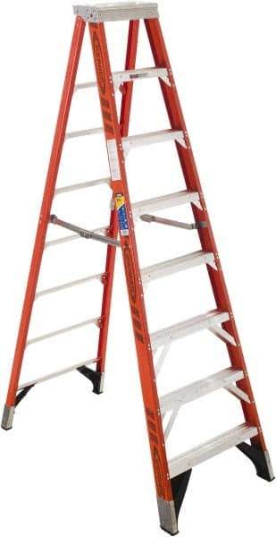 Werner - 7 Steps, 8' High, Type IAA Rating, Fiberglass Step Ladder - 375 Lb Capacity, 28-1/2" Base Width - Caliber Tooling