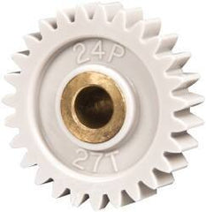 Made in USA - 24 Pitch, 1-1/8" Pitch Diam, 1.208" OD, 27 Tooth Spur Gear - 1/4" Face Width, 1/4" Bore Diam, 5/8" Hub Diam, 20° Pressure Angle, Acetal - Caliber Tooling