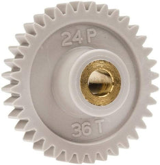 Made in USA - 24 Pitch, 1-1/2" Pitch Diam, 1.583" OD, 36 Tooth Spur Gear - 1/4" Face Width, 1/4" Bore Diam, 5/8" Hub Diam, 20° Pressure Angle, Acetal - Caliber Tooling