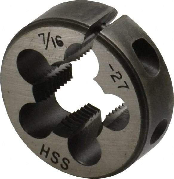 Interstate - 7/16-27 UNS Thread, 1" Outside Diam High Speed Steel Round Die - Right Hand Thread, Adjustable - Exact Industrial Supply