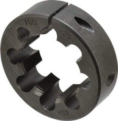 Interstate - 1-1/2 - 20 UNS Thread, 2-1/2" Outside Diam High Speed Steel Round Die - Right Hand Thread, Adjustable - Exact Industrial Supply