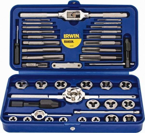 Irwin Hanson - #4-40 to 1/2-20 Tap, #4-40 to 1/2-20 Die, NPT, UNC, UNF, Tap and Die Set - Bright Finish Carbon Steel, Carbon Steel Taps, Nonadjustable 5/8, 1" Hex Size, 41 Piece Set with Plastic Case - Exact Industrial Supply