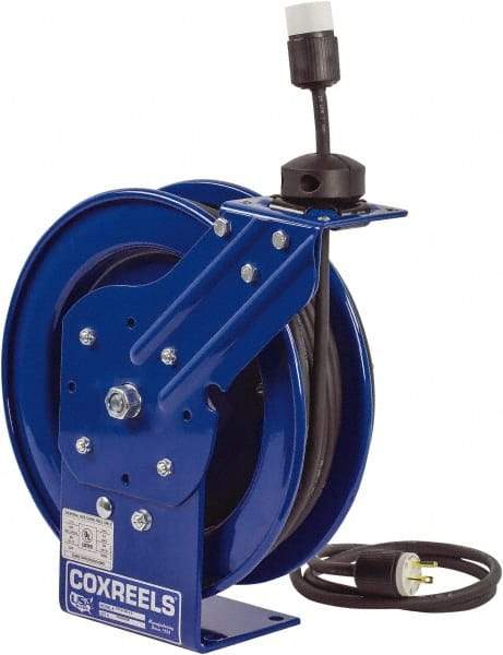 CoxReels - 16 AWG, 75' Cable Length, Cord & Cable Reel with Outlet End - 1 Outlet, NEMA 5-15R, 13 Amps, 115 Volts, SJO Cable, Blue Reel, Spring Driven Reel - Caliber Tooling