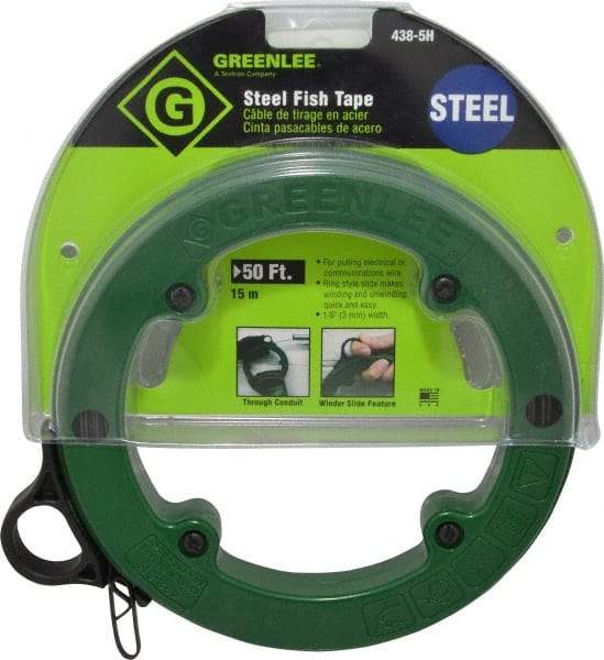 Greenlee - 50 Ft. Long x 1/8 Inch Wide, 3/64 Inch Thick, Steel Fish Tape - 400 Lb. Pulling Strength, Includes Case - Caliber Tooling