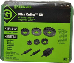 Greenlee - 9 Piece, 7/8" to 2-1/2" Saw Diam, Electrician's Hole Saw Kit - High Speed Steel, Toothed Edge, Includes 6 Hole Saws - Caliber Tooling