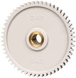 Made in USA - 24 Pitch, 2-1/4" Pitch Diam, 2.333" OD, 54 Tooth Spur Gear - 1/4" Face Width, 5/16" Bore Diam, 43/64" Hub Diam, 20° Pressure Angle, Acetal - Caliber Tooling