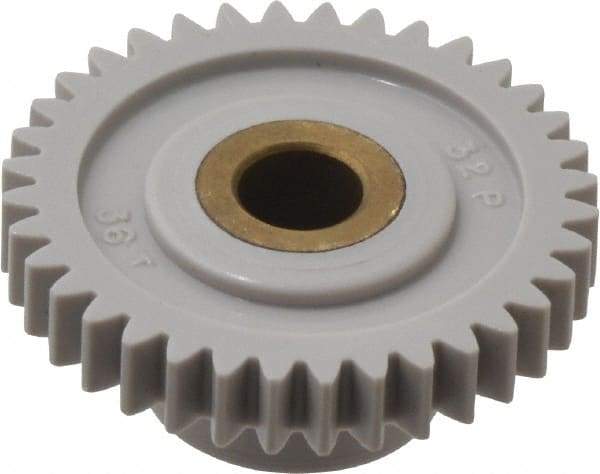 Made in USA - 32 Pitch, 1-1/8" Pitch Diam, 1-3/16" OD, 36 Tooth Spur Gear - 3/16" Face Width, 1/4" Bore Diam, 39/64" Hub Diam, 20° Pressure Angle, Acetal - Caliber Tooling