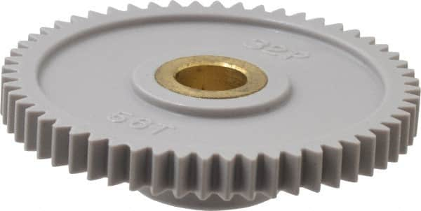 Made in USA - 32 Pitch, 1-3/4" Pitch Diam, 1-13/16" OD, 56 Tooth Spur Gear - 3/16" Face Width, 5/16" Bore Diam, 43/64" Hub Diam, 20° Pressure Angle, Acetal - Caliber Tooling