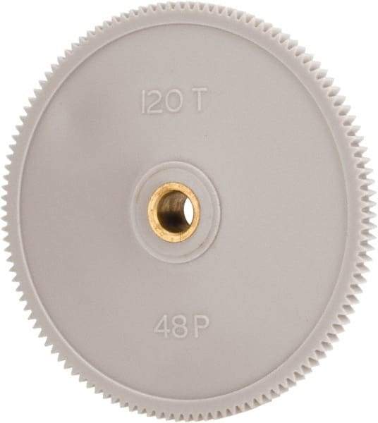 Made in USA - 48 Pitch, 2-1/2" Pitch Diam, 2.542" OD, 120 Tooth Spur Gear - 1/8" Face Width, 1/4" Bore Diam, 39/64" Hub Diam, 20° Pressure Angle, Acetal - Caliber Tooling