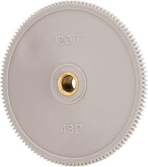 Made in USA - 48 Pitch, 2-1/2" Pitch Diam, 2.542" OD, 120 Tooth Spur Gear - 1/8" Face Width, 1/4" Bore Diam, 39/64" Hub Diam, 20° Pressure Angle, Acetal - Caliber Tooling