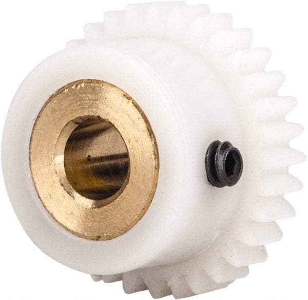 Made in USA - 48 Pitch, 0.667" Pitch Diam, 0.708" OD, 32 Tooth Spur Gear - 1/8" Face Width, 3/16" Bore Diam, 35/64" Hub Diam, 20° Pressure Angle, Acetal - Caliber Tooling