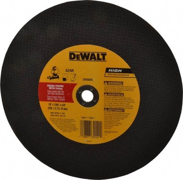 DeWALT - 10" 24 Grit Aluminum Oxide Cutoff Wheel - 7/64" Thick, 5/8" Arbor, 6,100 Max RPM, Use with Stationary Tools - Caliber Tooling