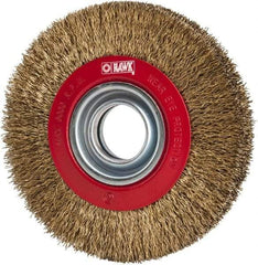 Value Collection - 6" OD, 1-1/4" Arbor Hole, Crimped Brass-Coated Steel Wheel Brush - 11/16" Face Width, 1-1/8" Trim Length, 0.014" Filament Diam, 6,000 RPM - Caliber Tooling