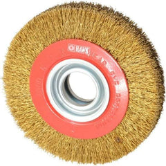 Value Collection - 6" OD, 1-1/4" Arbor Hole, Crimped Brass-Coated Steel Wheel Brush - 1" Face Width, 1-1/8" Trim Length, 0.014" Filament Diam, 6,000 RPM - Caliber Tooling