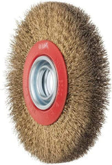 Value Collection - 7" OD, 1-1/4" Arbor Hole, Crimped Brass-Coated Steel Wheel Brush - 3/4" Face Width, 1-1/2" Trim Length, 0.014" Filament Diam, 6,000 RPM - Caliber Tooling