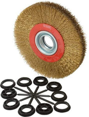 Value Collection - 7" OD, 1-1/4" Arbor Hole, Crimped Brass-Coated Steel Wheel Brush - 1" Face Width, 1-1/2" Trim Length, 0.014" Filament Diam, 6,000 RPM - Caliber Tooling