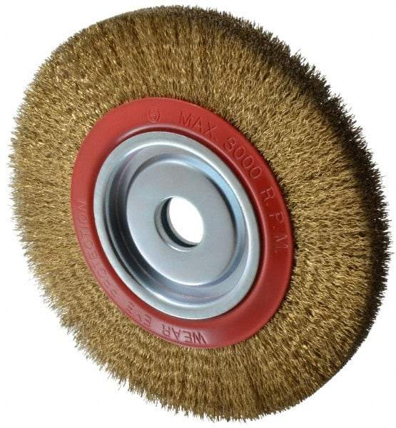 Value Collection - 10" OD, 1-1/4" Arbor Hole, Crimped Brass-Coated Steel Wheel Brush - 1" Face Width, 1-15/32" Trim Length, 0.014" Filament Diam, 3,000 RPM - Caliber Tooling