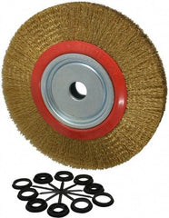 Value Collection - 12" OD, 1-1/4" Arbor Hole, Crimped Brass-Coated Steel Wheel Brush - 1-21/32" Face Width, 2-3/8" Trim Length, 0.014" Filament Diam, 3,000 RPM - Caliber Tooling