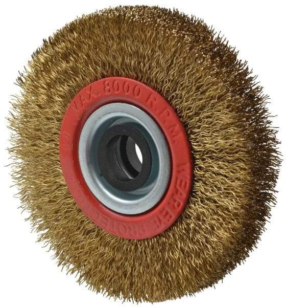 Value Collection - 4" OD, 3/4" Arbor Hole, Crimped Brass-Coated Steel Wheel Brush - 5/8" Face Width, 11/16" Trim Length, 0.012" Filament Diam, 8,000 RPM - Caliber Tooling