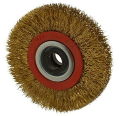 Value Collection - 4" OD, 3/4" Arbor Hole, Crimped Brass-Coated Steel Wheel Brush - 3/4" Face Width, 11/16" Trim Length, 0.012" Filament Diam, 8,000 RPM - Caliber Tooling