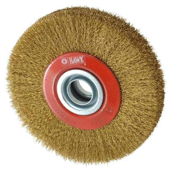 Value Collection - 5" OD, 3/4" Arbor Hole, Crimped Brass-Coated Steel Wheel Brush - 1" Face Width, 1-3/32" Trim Length, 0.007" Filament Diam, 6,000 RPM - Caliber Tooling