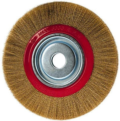 Value Collection - 10" OD, 1-1/4" Arbor Hole, Crimped Brass-Coated Steel Wheel Brush - 1" Face Width, 1-15/32" Trim Length, 0.007" Filament Diam, 3,000 RPM - Caliber Tooling