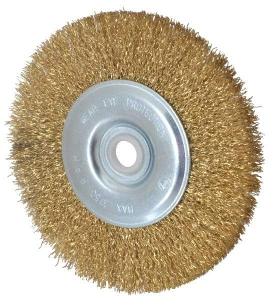 Value Collection - 5" OD, 5/8" Arbor Hole, Crimped Brass-Coated Steel Wheel Brush - 1/2" Face Width, 3/4" Trim Length, 0.012" Filament Diam, 3,750 RPM - Caliber Tooling