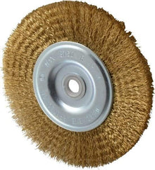 Value Collection - 6" OD, 5/8" Arbor Hole, Crimped Brass-Coated Steel Wheel Brush - 1/2" Face Width, 1-3/8" Trim Length, 0.012" Filament Diam, 3,750 RPM - Caliber Tooling