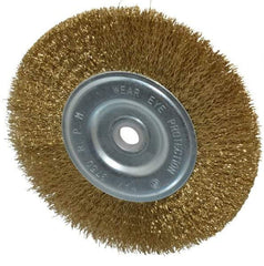 Value Collection - 6" OD, 5/8" Arbor Hole, Crimped Brass-Coated Steel Wheel Brush - 11/16" Face Width, 1-3/8" Trim Length, 0.012" Filament Diam, 6,000 RPM - Caliber Tooling