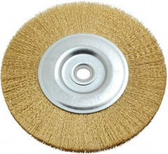 Value Collection - 6" OD, 5/8" Arbor Hole, Crimped Brass-Coated Steel Wheel Brush - 11/16" Face Width, 1-3/8" Trim Length, 0.012" Filament Diam, 3,750 RPM - Caliber Tooling