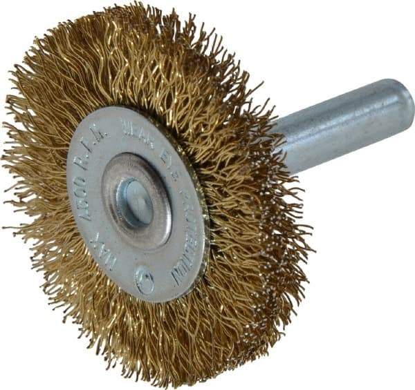 Value Collection - 1-5/8" OD, 1/4" Shank Diam, Crimped Brass-Coated Steel Wheel Brush - 3/16" Face Width, 3/8" Trim Length, 0.015" Filament Diam, 4,500 RPM - Caliber Tooling