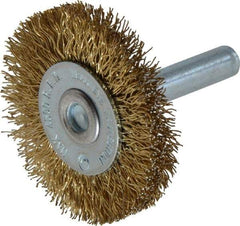 Value Collection - 1-5/8" OD, 1/4" Shank Diam, Crimped Brass-Coated Steel Wheel Brush - 3/16" Face Width, 3/8" Trim Length, 0.015" Filament Diam, 4,500 RPM - Caliber Tooling